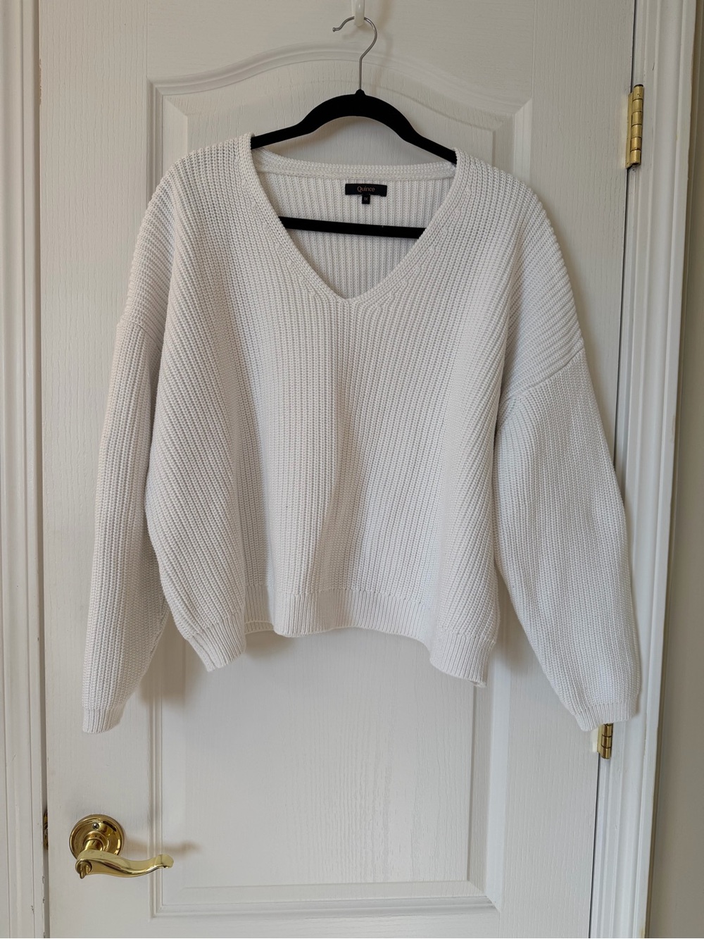 Quince Organic Cotton Fisherman V-Neck Sweater White 1X Chunky Knit